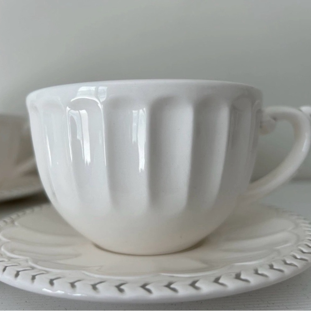 American Atelier Athena White Ironstone Mugs W/Saucers 5166- Set of 4 - Picture 8 of 11